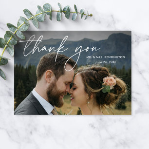 Modern Minimalist White Script Photo Wedding Thank You Card
