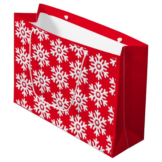 Modern minimalist white snowflake red  large gift bag (Front Angled)