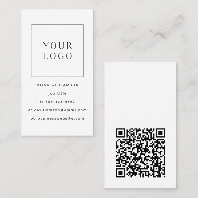 Modern Minimalist White Vertical Logo QR Code Business Card (Front/Back)