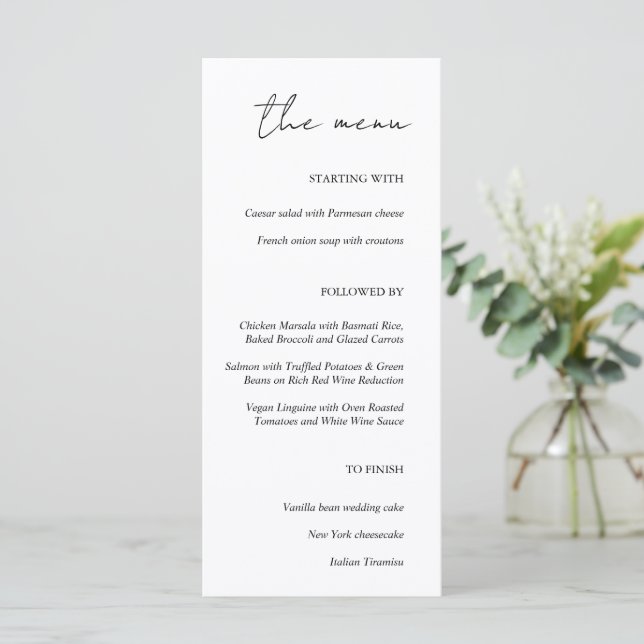 Modern Minimalist White Wedding Dinner Menu (Standing Front)
