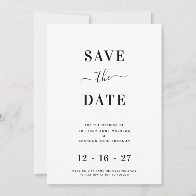 Modern Minimalist White Wedding Save The Date (Front)