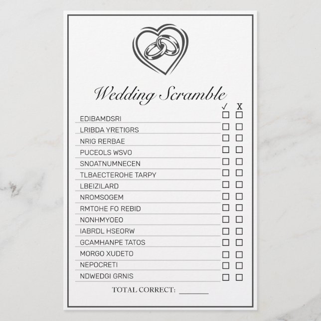 Modern Minimalist White Word Scramble Bridal Game (Front)