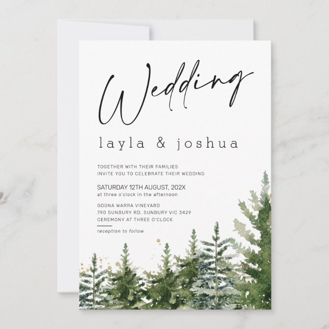 Modern Minimalist Wilderness Pine Trees Wedding Invitation (Front)