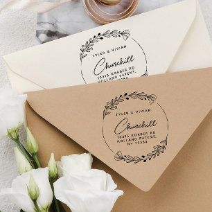 Modern Minimalist Wreath Script Return Address Rubber Stamp