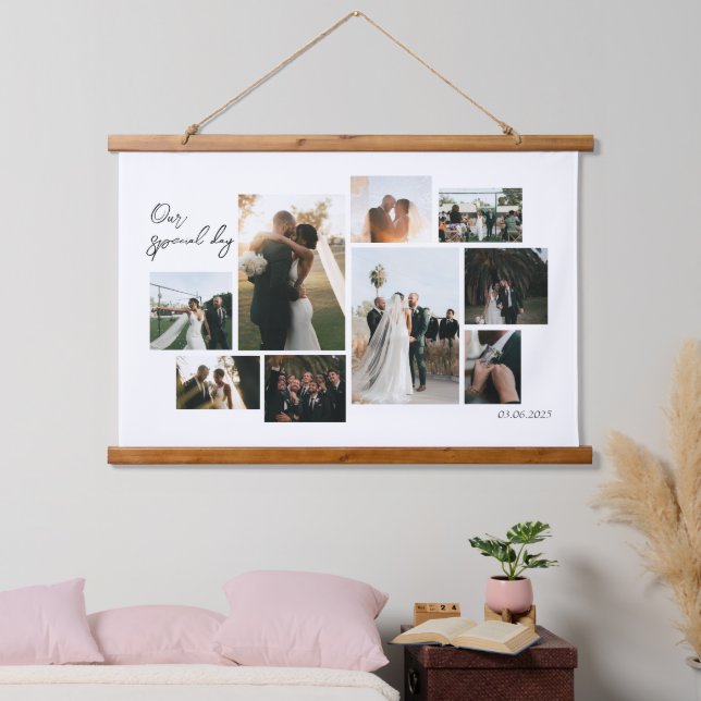 Modern minimalistic 9 photos wedding collage  hanging tapestry (Bedroom)