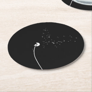 Modern Minimalistic Black & White Dandelion Flower Round Paper Coaster