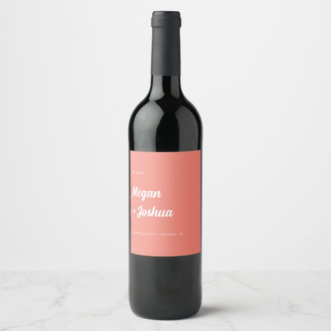 Modern & Minimalistic Coral Pink Wedding Wine Label (Front)
