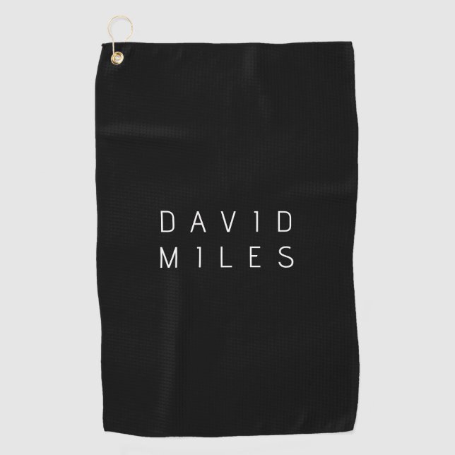 Modern Minimalistic Editable Name | Black & White Golf Towel (Front)