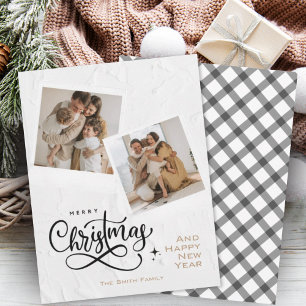 Modern Minimalistic Merry Christmas Plaid Photo Holiday Card