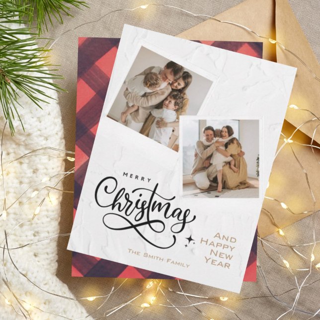 Modern Minimalistic Merry Christmas Plaid Photo Holiday Card (Creator Uploaded)