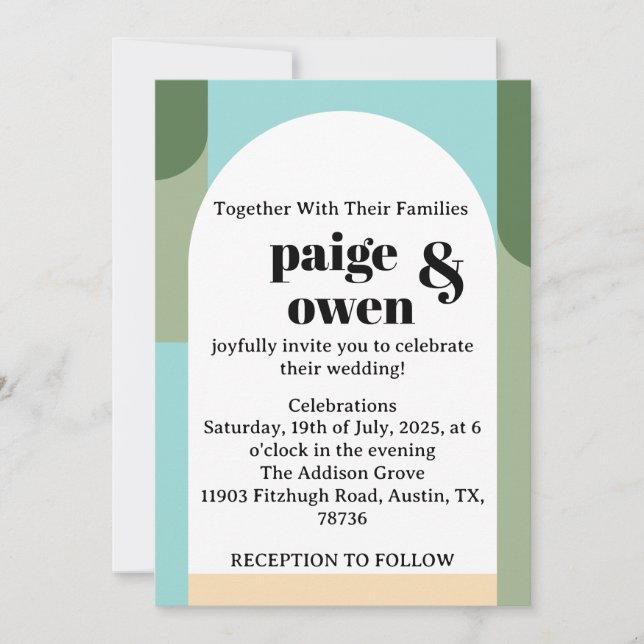 Modern Minimalistic Wedding Invite Blue + Green (Front)