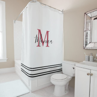 Modern minimalistic white &black maroon monogram shower curtain