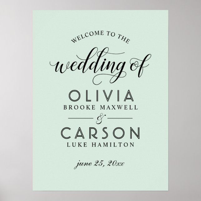 Modern Mint and Black Script Wedding Welcome Poster (Front)
