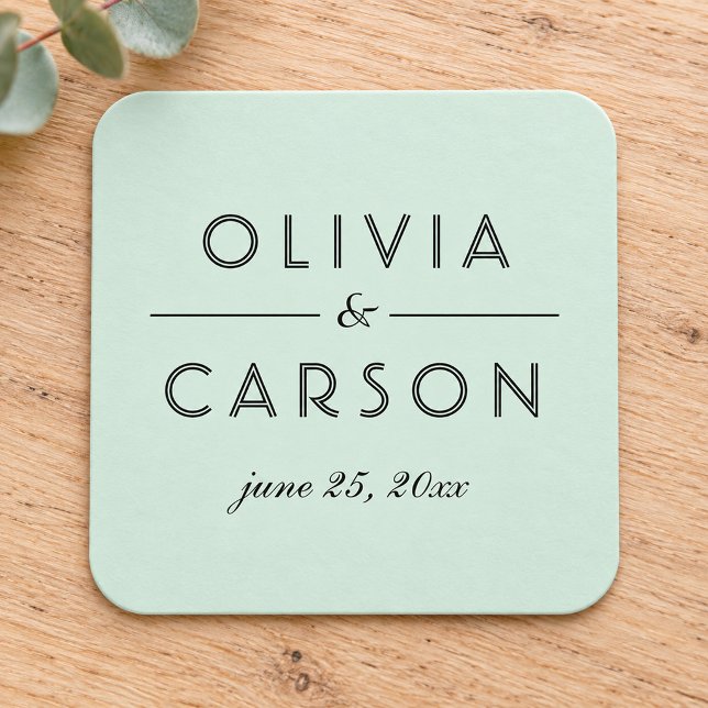 Modern Mint and Black Wedding Monogram Square Paper Coaster (Creator Uploaded)
