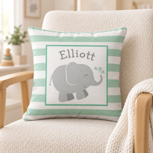 Modern Mint and Grey Elephant Monogram Cushion