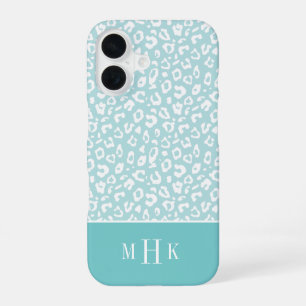 Modern Mint & Aqua Leopard Print Monogram iPhone 16 Case