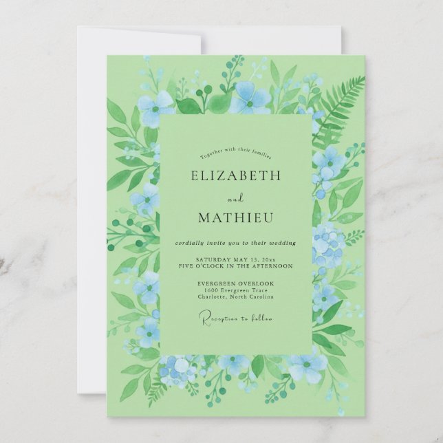 Modern Mint Azure Wildflower Wedding Invitation (Front)