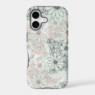 Modern Mint Black Rose Gold Floral Marble
