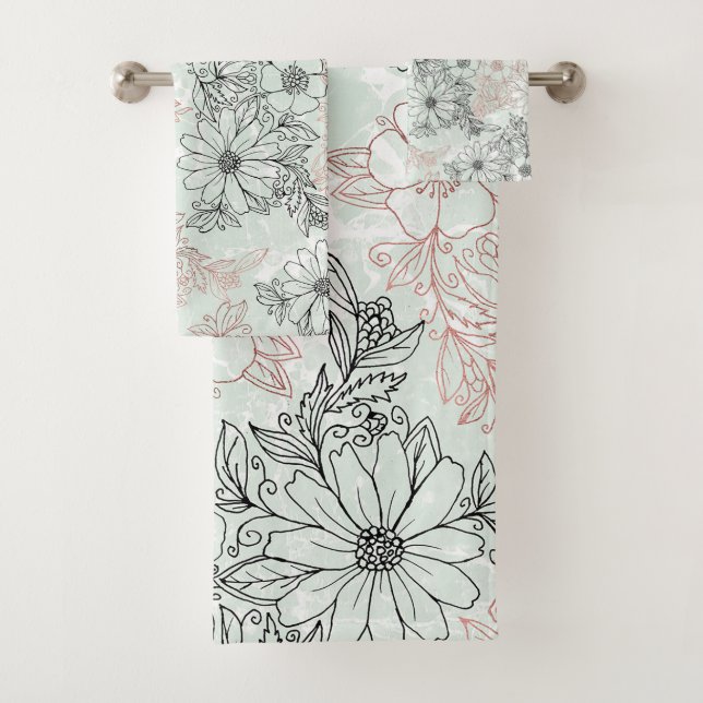 Modern Mint Black Rose Gold Floral Marble Bath Towel Set (Insitu)