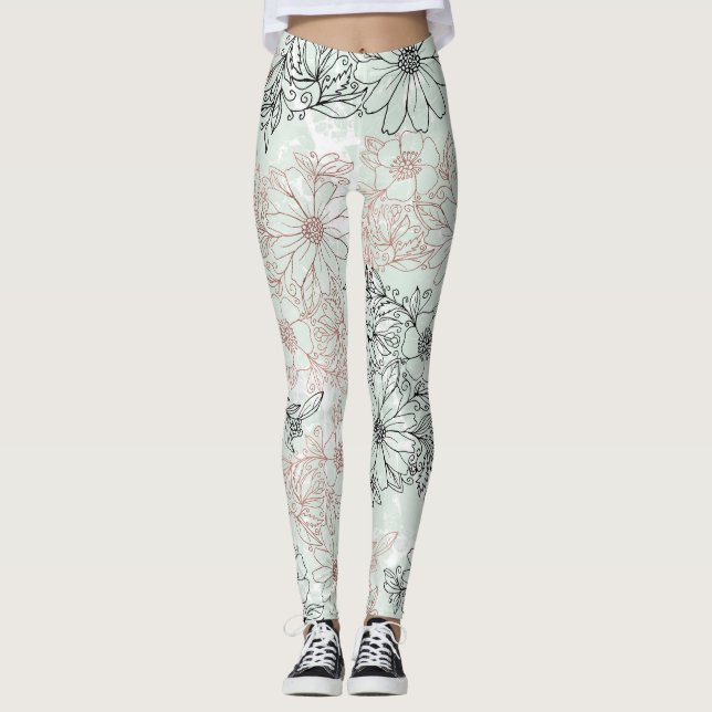 Modern Mint Black Rose Gold Floral Marble Leggings (Front)