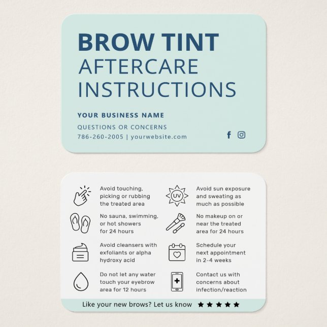 Modern Mint Blue Eyebrow Tint Aftercare Card (Front & Back)