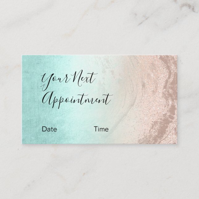 Modern mint copper rose gold glitter makeup artist appointment card (Front)