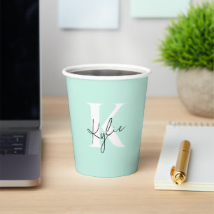 Modern Mint Cream Personalised Monogram Name -  Paper Cups