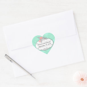 Modern Mint Damask Wedding Invite Heart Sticker