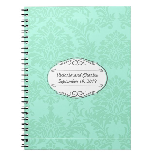 Modern Mint  Damask Wedding Invite Spiral Notebook (Front)