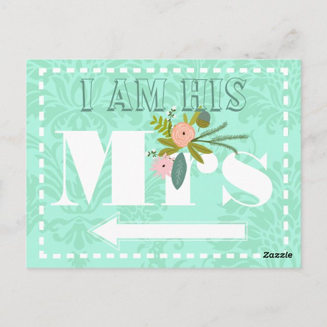 Modern Mint  Damask Wedding Postcard (Back)
