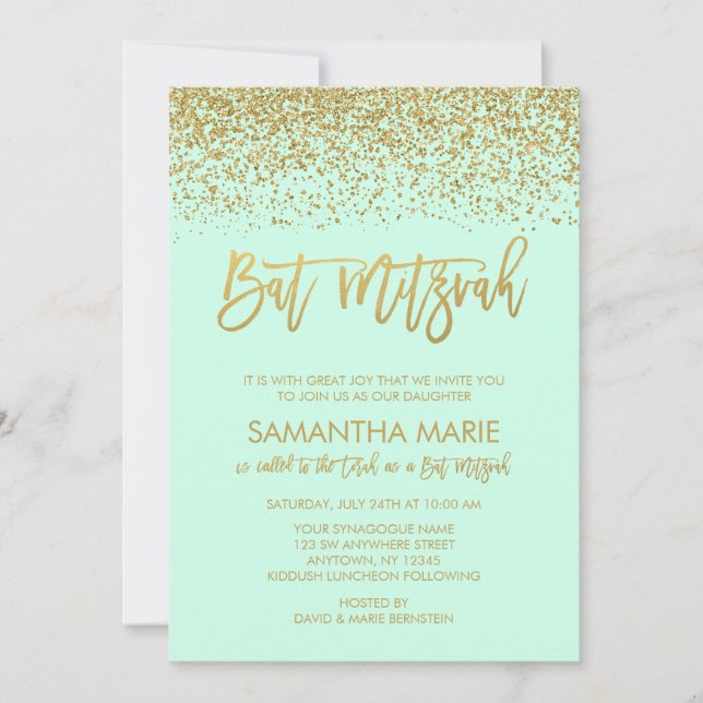Modern Mint Faux Gold Glitter Bat Mitzvah Invitation (Front)