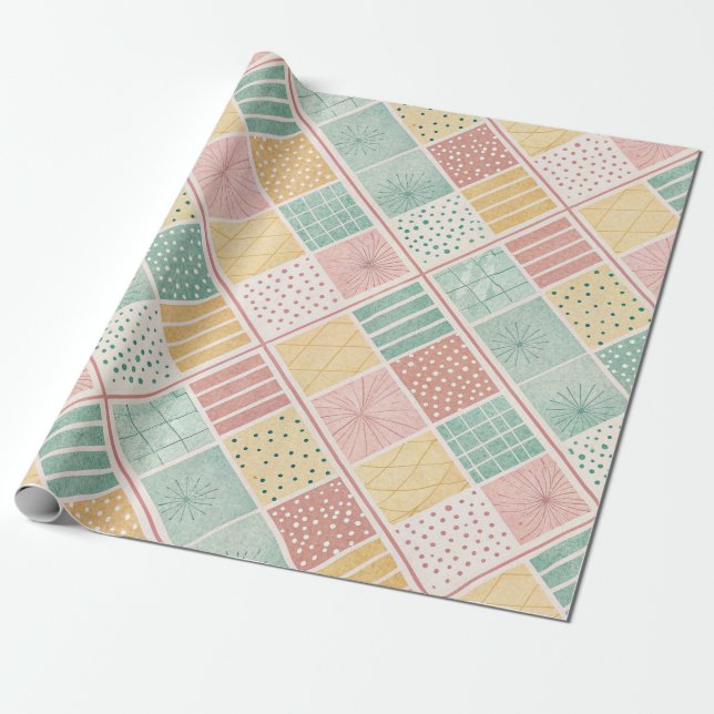 Modern Mint Geometric Polka Dot Plaid Pattern Wrapping Paper (Unrolled)