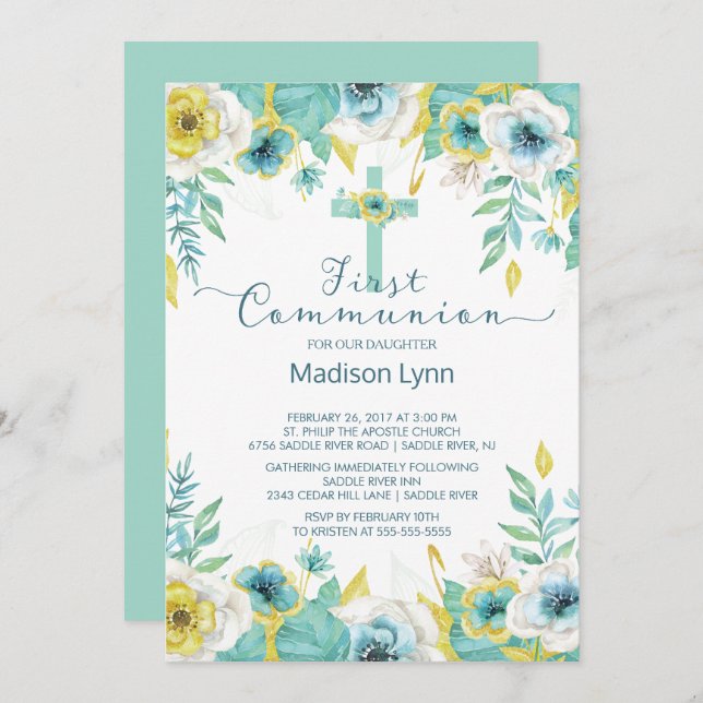 Modern Mint Gold Floral First Holy Communion Invitation (Front/Back)