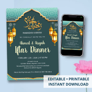 Modern Mint Green and Gold Festive Ramadan Iftar Invitation
