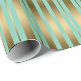 Modern Mint-Green And Gold Stripes Pattern Wrapping Paper