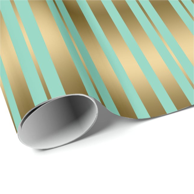 Modern Mint-Green And Gold Stripes Pattern Wrapping Paper (Roll Corner)