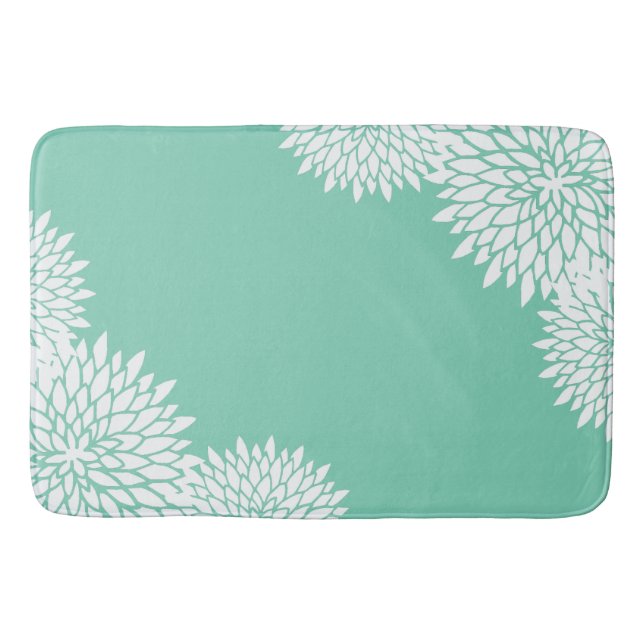 Modern Mint Green and White Floral Bath Mat (Front)