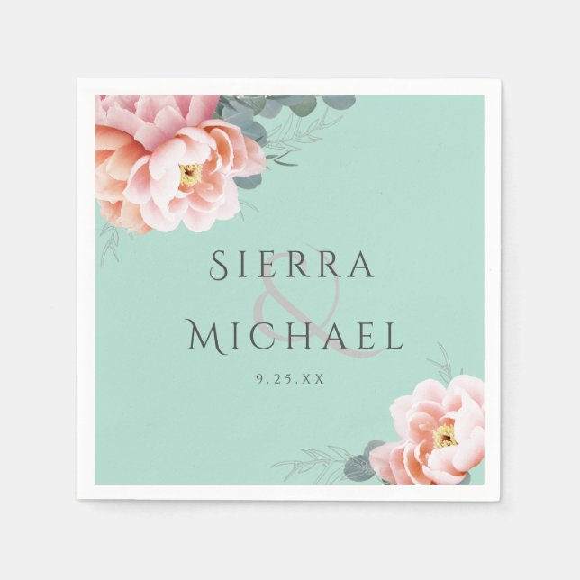 Modern Mint Green Blush Pink Floral Wedding Napkin (Front)