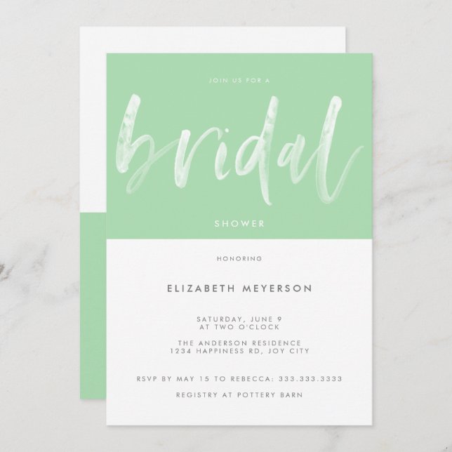 Modern Mint Green Brush Calligraphy Bridal Shower Invitation (Front/Back)