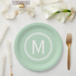 Modern Mint Green Custom Round Framed Monogram Paper Plate<br><div class="desc">This Stylish modern design features a double white line round frame on a pretty mint green background and a monogram in an elegant block font. Change the initial to your own. You can customise this design more by changing the font, make the whites transparent and choose a different colour. Perfect...</div>
