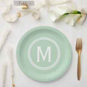 Modern Mint Green Custom Round Framed Monogram Paper Plate