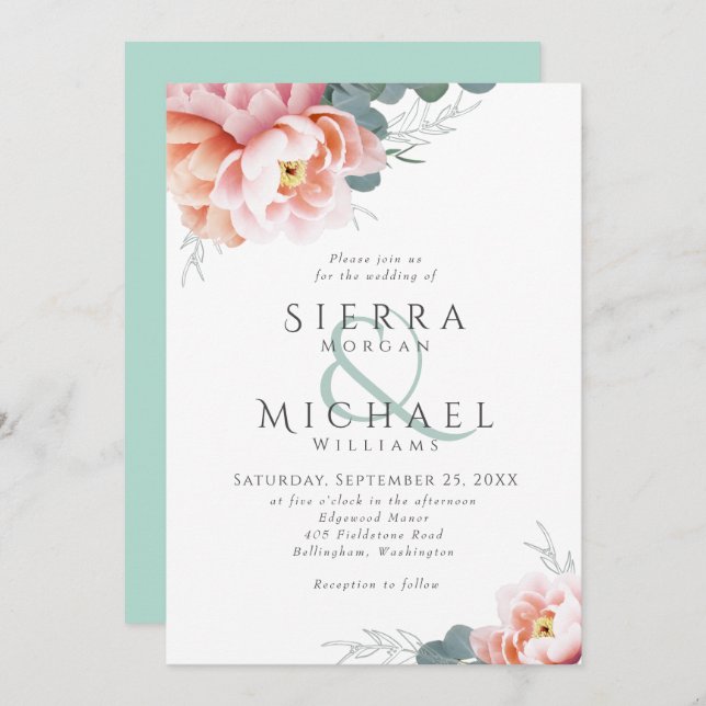 Modern Mint Green Floral Blush Pink Peach Wedding Invitation (Front/Back)