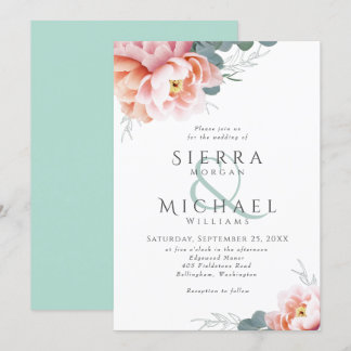 Modern Mint Green Floral Blush Pink Peach Wedding Invitation