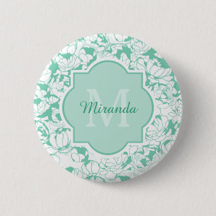 Modern Mint Green Floral Girly Monogram With Name 6 Cm Round Badge