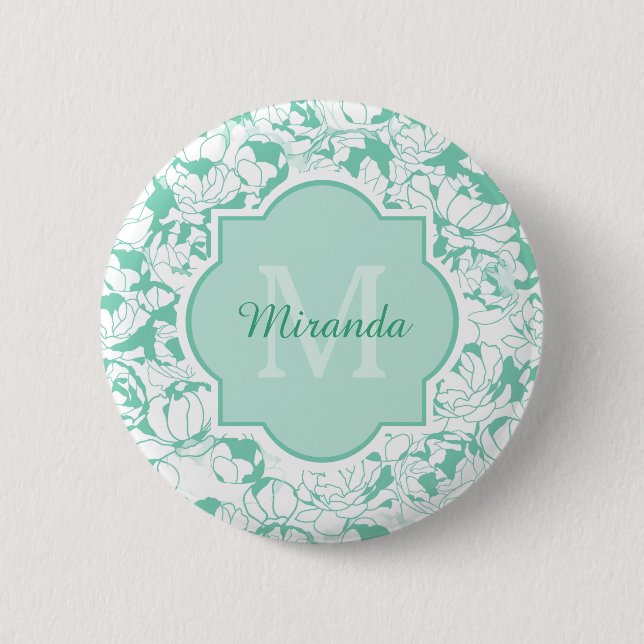 Modern Mint Green Floral Girly Monogram With Name 6 Cm Round Badge (Front)