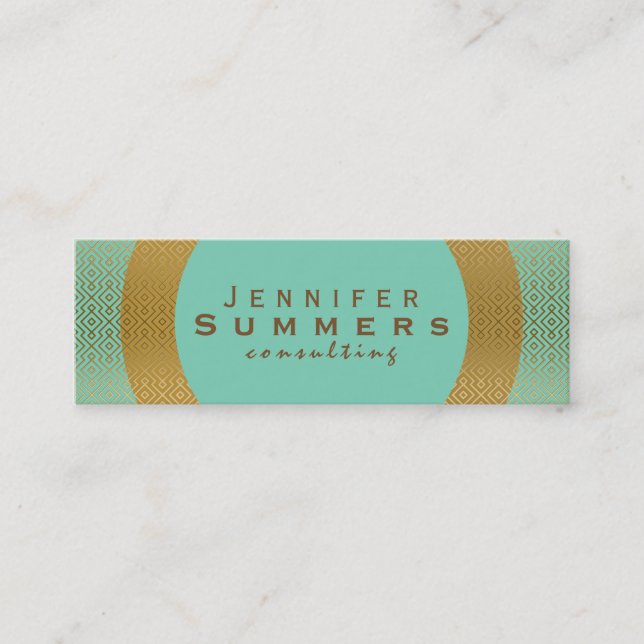 Modern Mint-Green & Gold Geometric Pattern Mini Business Card (Front)