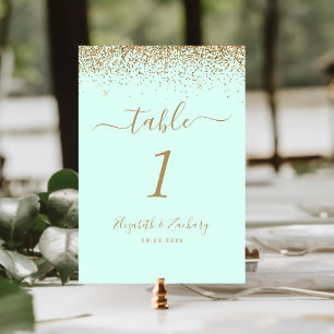 Modern Mint Green Gold Glitter Edge Wedding Table Number