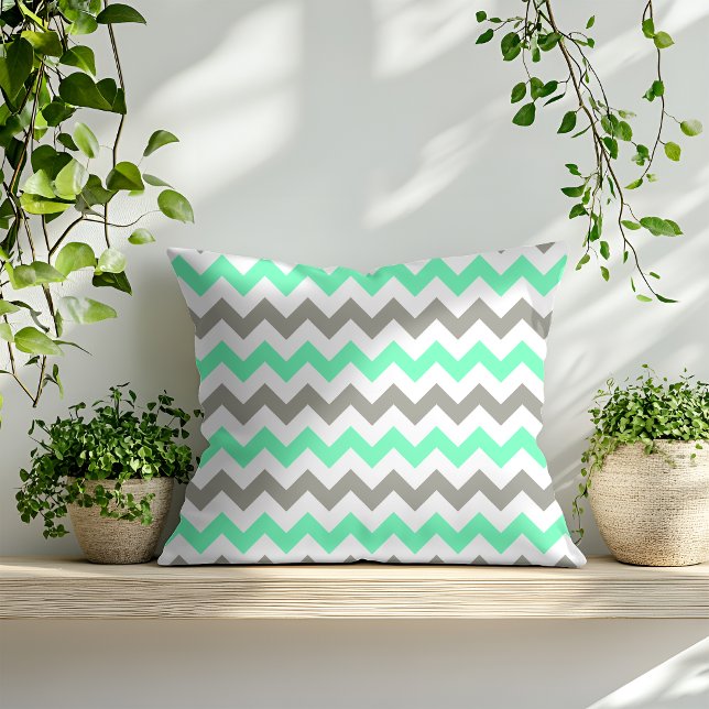 Modern Mint Green Grey Chevron Pattern Cushion (Creator Uploaded)