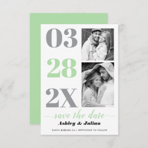 Modern mint green, grey typography with two photos save the date