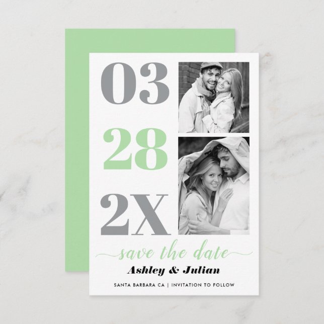 Modern mint green, grey typography with two photos save the date (Front/Back)